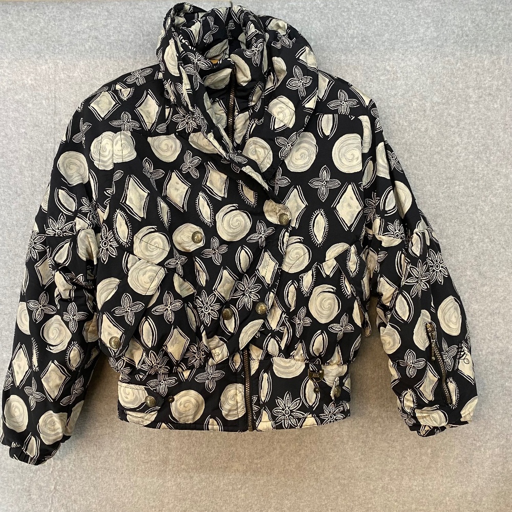 Vintage Nils Ski Jacket Ladies 10 Black White Geometric Snowboard Full Zip Puff